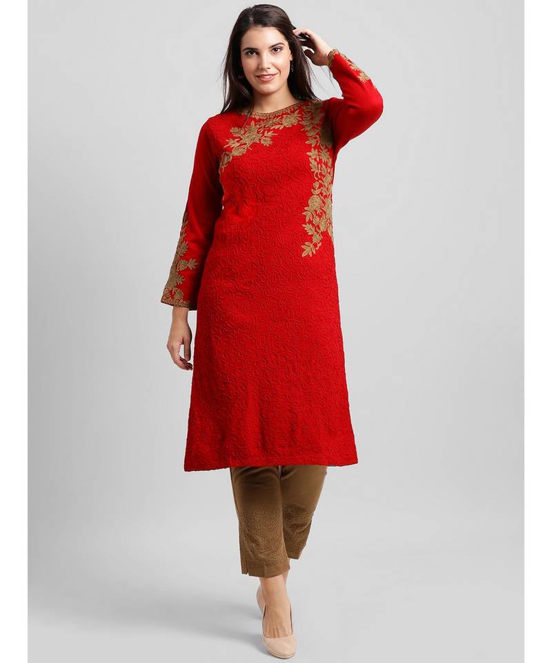 Red Acrylic Woolen Kurta With Embroidery