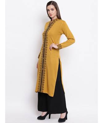Winter Acrylic Woolen Mustard Kurta With Self Design 2