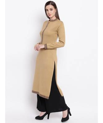 Winter Acrylic Woolen Beige Kurta With Self Design 2
