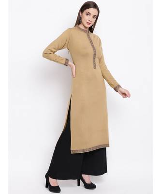 Winter Acrylic Woolen Beige Kurta With Self Design 3