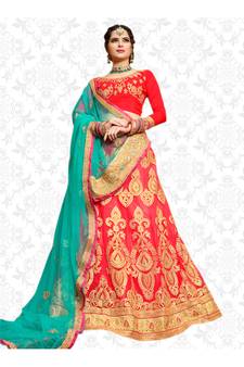 Pink embroidered net semi stitched lehenga
