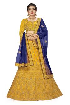 Yellow embroidered Art Silk semi stitched lehenga