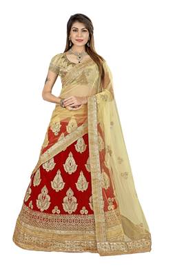 Red embroidered net semi stitched lehenga 1