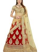 Red embroidered net semi stitched lehenga
