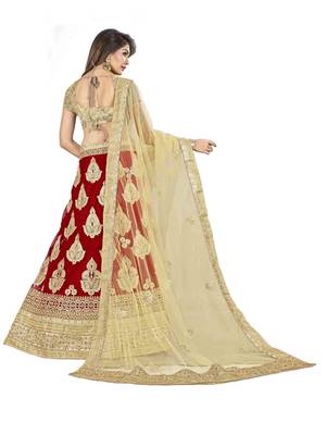 Red embroidered net semi stitched lehenga 2
