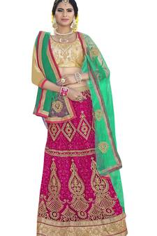 Pink embroidered net semi stitched lehenga