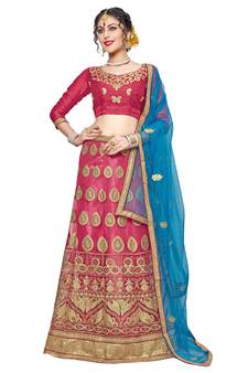 Pink embroidered net semi stitched lehenga