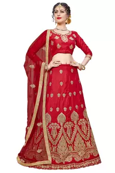 Red embroidered Art Silk semi stitched lehenga