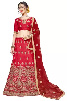 Red embroidered Art Silk semi stitched lehenga