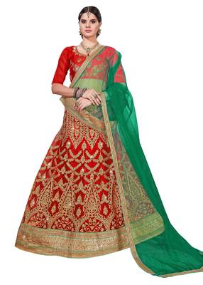 Red embroidered net semi stitched lehenga 1