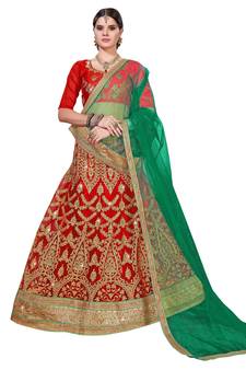 Red embroidered net semi stitched lehenga