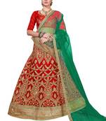Red embroidered net semi stitched lehenga