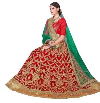 Red embroidered net semi stitched lehenga 2