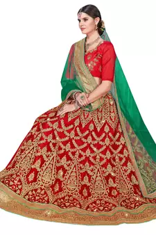 Red embroidered net semi stitched lehenga
