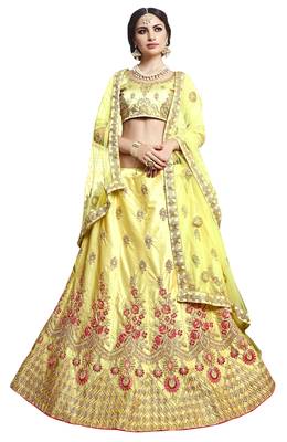 Yellow embroidered Art Silk semi stitched lehenga 1