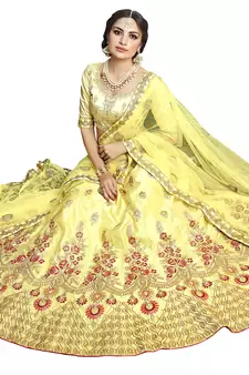 Yellow embroidered Art Silk semi stitched lehenga