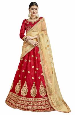 Red embroidered Art Silk semi stitched lehenga 1