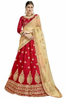 Red embroidered Art Silk semi stitched lehenga