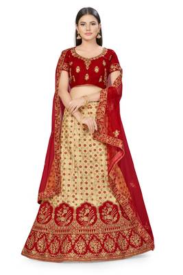 Beige embroidered silk semi stitched lehenga 1