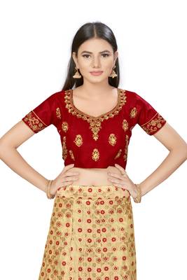 Beige embroidered silk semi stitched lehenga 4