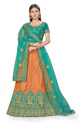 Peach embroidered Art Silk semi stitched lehenga 1