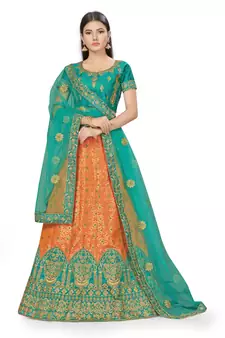 Peach embroidered Art Silk semi stitched lehenga