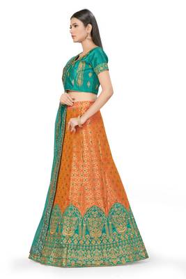 Peach embroidered Art Silk semi stitched lehenga 2