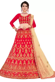 Red embroidered satin semi stitched lehenga