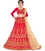Red embroidered satin semi stitched lehenga