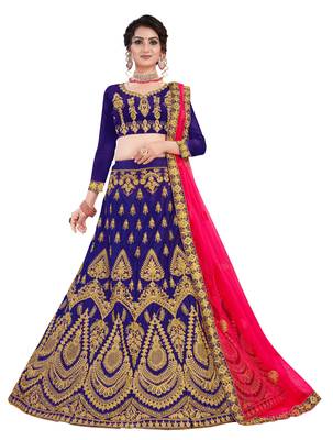 Blue embroidered satin semi stitched lehenga 1
