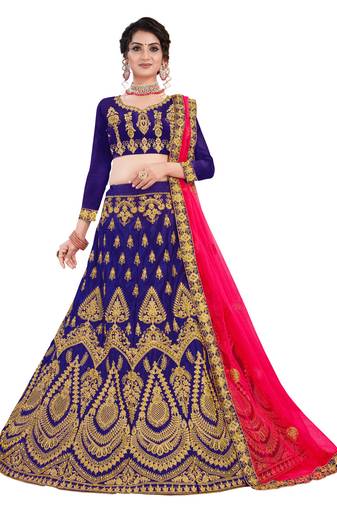 Blue embroidered satin semi stitched lehenga