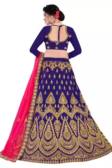 Blue embroidered satin semi stitched lehenga