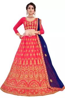 Pink embroidered satin semi stitched lehenga