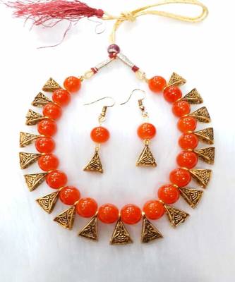Exotic Orange Beaded Gold Plated Wedding Jewellery Choker Necklace Set for Women 1