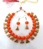 Exotic Orange Beaded Gold Plated Wedding Jewellery Choker Necklace Set for Women