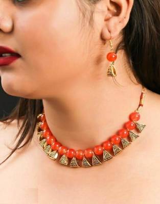 Exotic Orange Beaded Gold Plated Wedding Jewellery Choker Necklace Set for Women 2