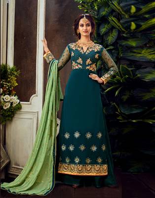 Teal embroidered pure georgette salwar 2