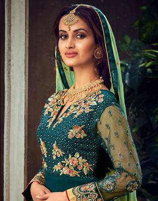 Teal embroidered pure georgette salwar 3