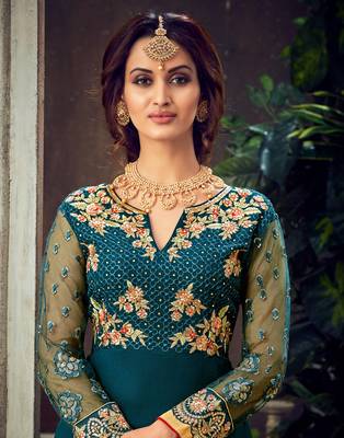 Teal embroidered pure georgette salwar 4