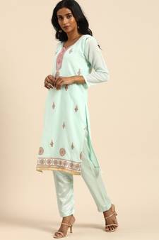 Turquoise embroidered chanderi silk salwar