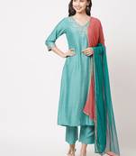 Blue embroidered viscose ethnic-kurtis