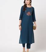 Blue embroidered silk ethnic-kurtis