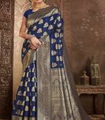 Blue woven cotton silk saree with blouse
