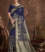 Navy blue woven pure silk saree with blouse
