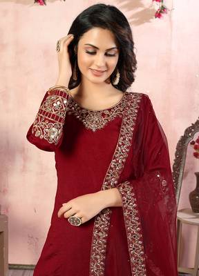 Red embroidered art silk salwar 3