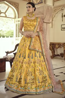 mustard Swarovski and gota embroidered silk stitched printed lehenga