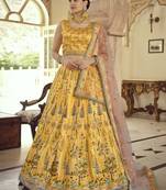 mustard Swarovski and gota embroidered silk stitched printed lehenga