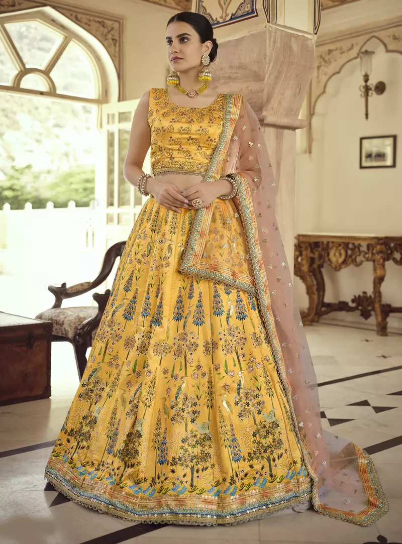 mustard Swarovski and gota embroidered silk stitched printed lehenga