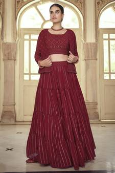 Maroon sequins, thread embroidered georgette stitched lehenga
