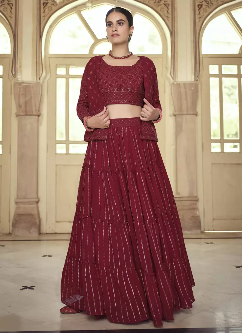 Maroon sequins, thread embroidered georgette stitched lehenga